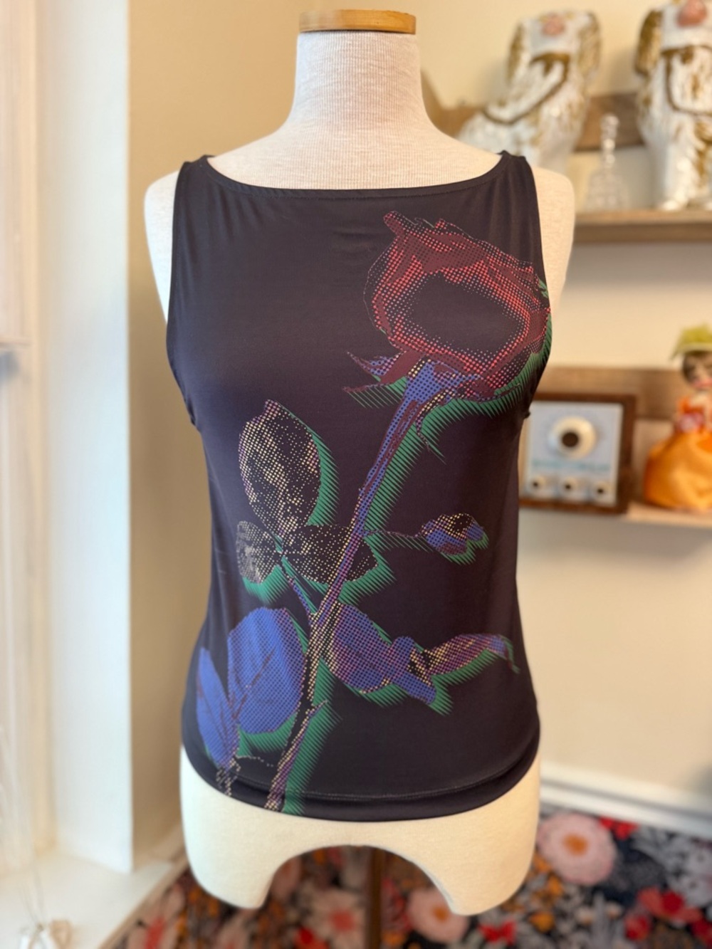 Urban Outfitters Black Tank Top with Multicolor Rose Graphic
